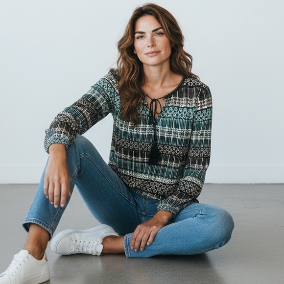 Rose & Olive Women's Green Brown Boho Tunic Top Shirt Paisley Tassels Size M - Picture 4 of 11